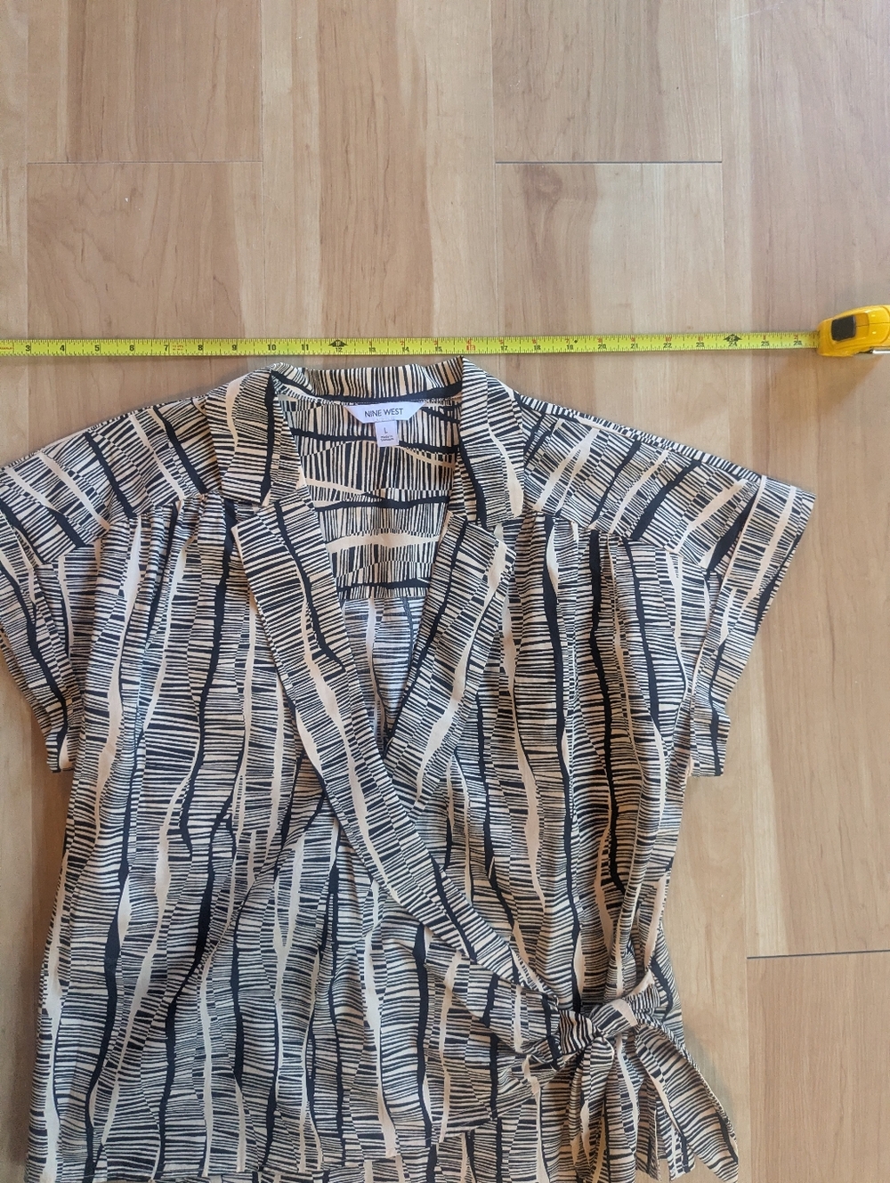 Nine West Black and Cream Striped Wrap Blouse, Animal Print